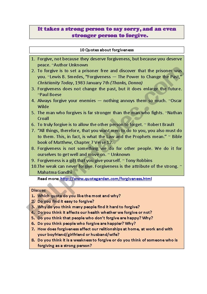 LET`S TALK - Forgiveness worksheet